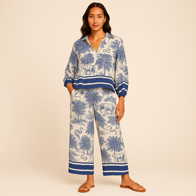 ElegantesZweiteiler-SetmitToile-de-Jouy-Print_Flare-Armeln-Blau