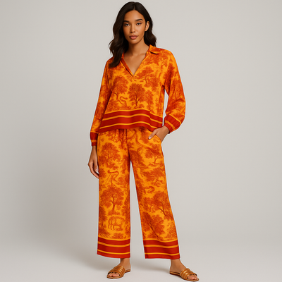 ElegantesZweiteiler-SetmitToile-de-Jouy-Print_Flare-Armeln-orange