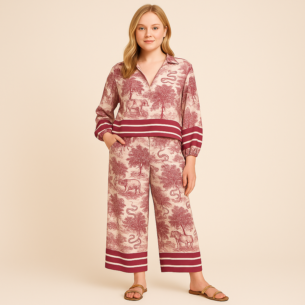 ElegantesZweiteiler-SetmitToile-de-Jouy-Print_Flare-Armeln-rot