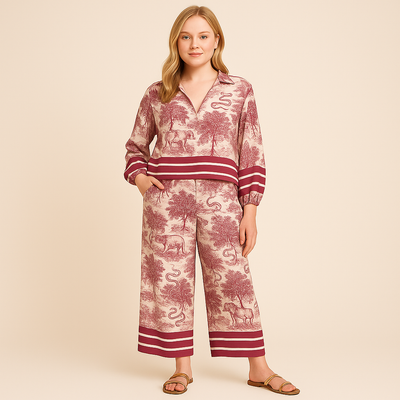 ElegantesZweiteiler-SetmitToile-de-Jouy-Print_Flare-Armeln-rot