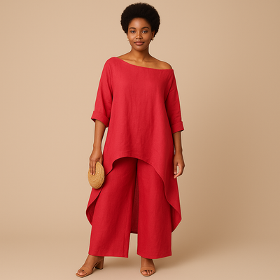 Weites Leinen-Set – Oversize-Tunika & Weite Hose - Rosenrot