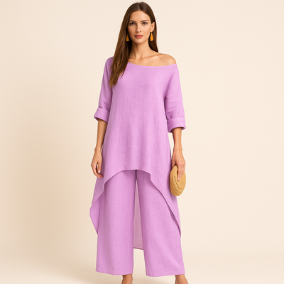 Weites Leinen-Set – Oversize-Tunika & Weite Hose - Violett