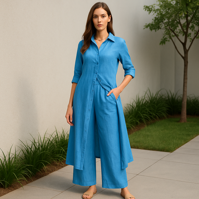 Zweiteiliges Set aus Leinen – Langes Hemd & Weite Hose - Blau