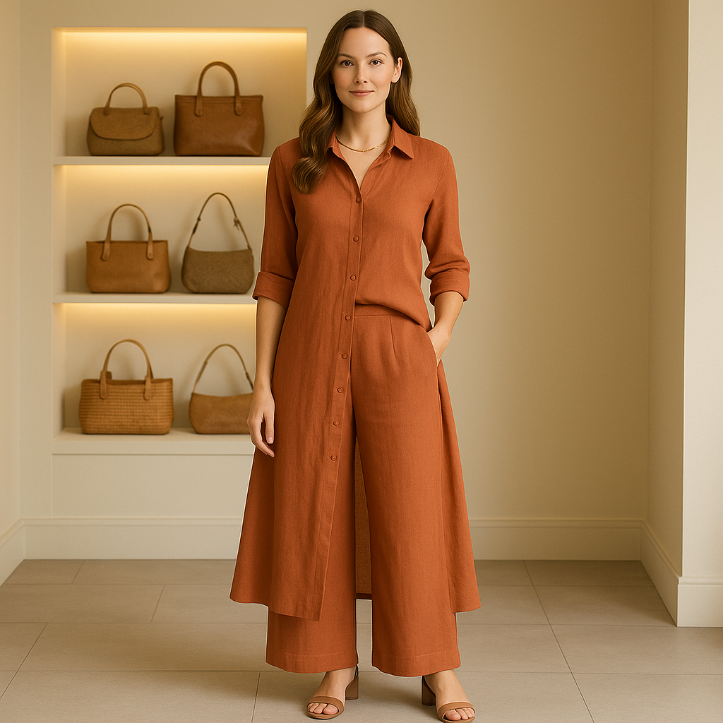 Zweiteiliges Set aus Leinen – Langes Hemd & Weite Hose - Braun