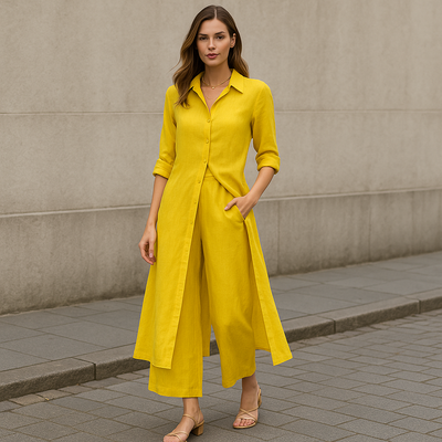 Zweiteiliges Set aus Leinen – Langes Hemd & Weite Hose - Gelb