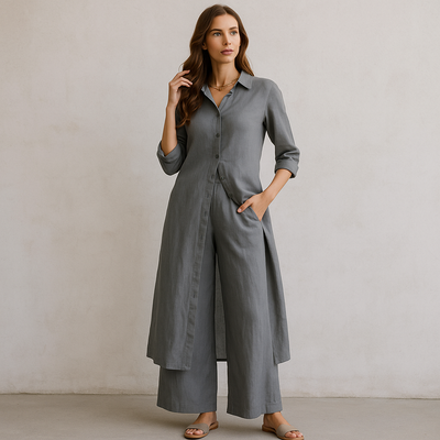 Zweiteiliges Set aus Leinen – Langes Hemd & Weite Hose - Grau