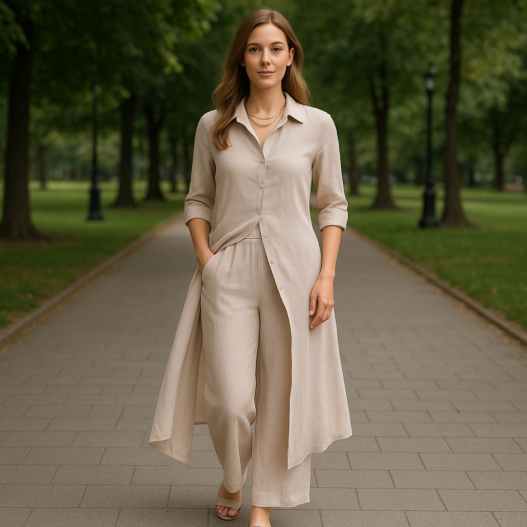 Zweiteiliges Set aus Leinen – Langes Hemd & Weite Hose - Khaki