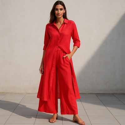 Zweiteiliges Set aus Leinen – Langes Hemd & Weite Hose - Rot
